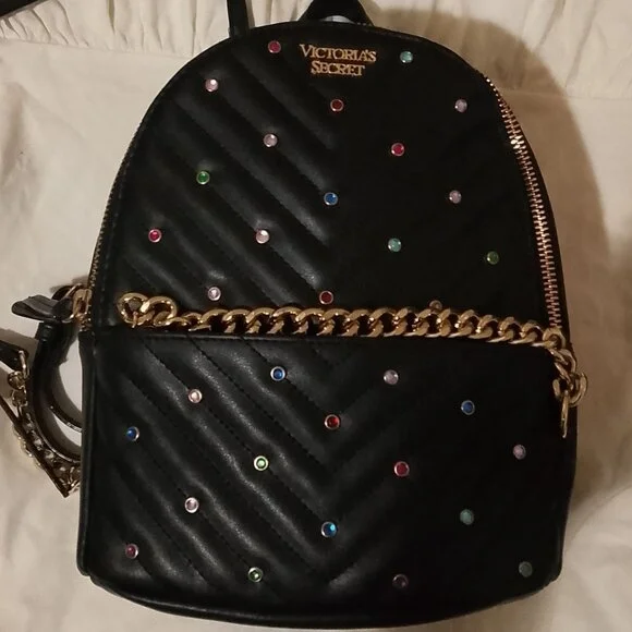Victoria\'s Secret Black Quilted Backpack with Gold Chain Victoria main image 2